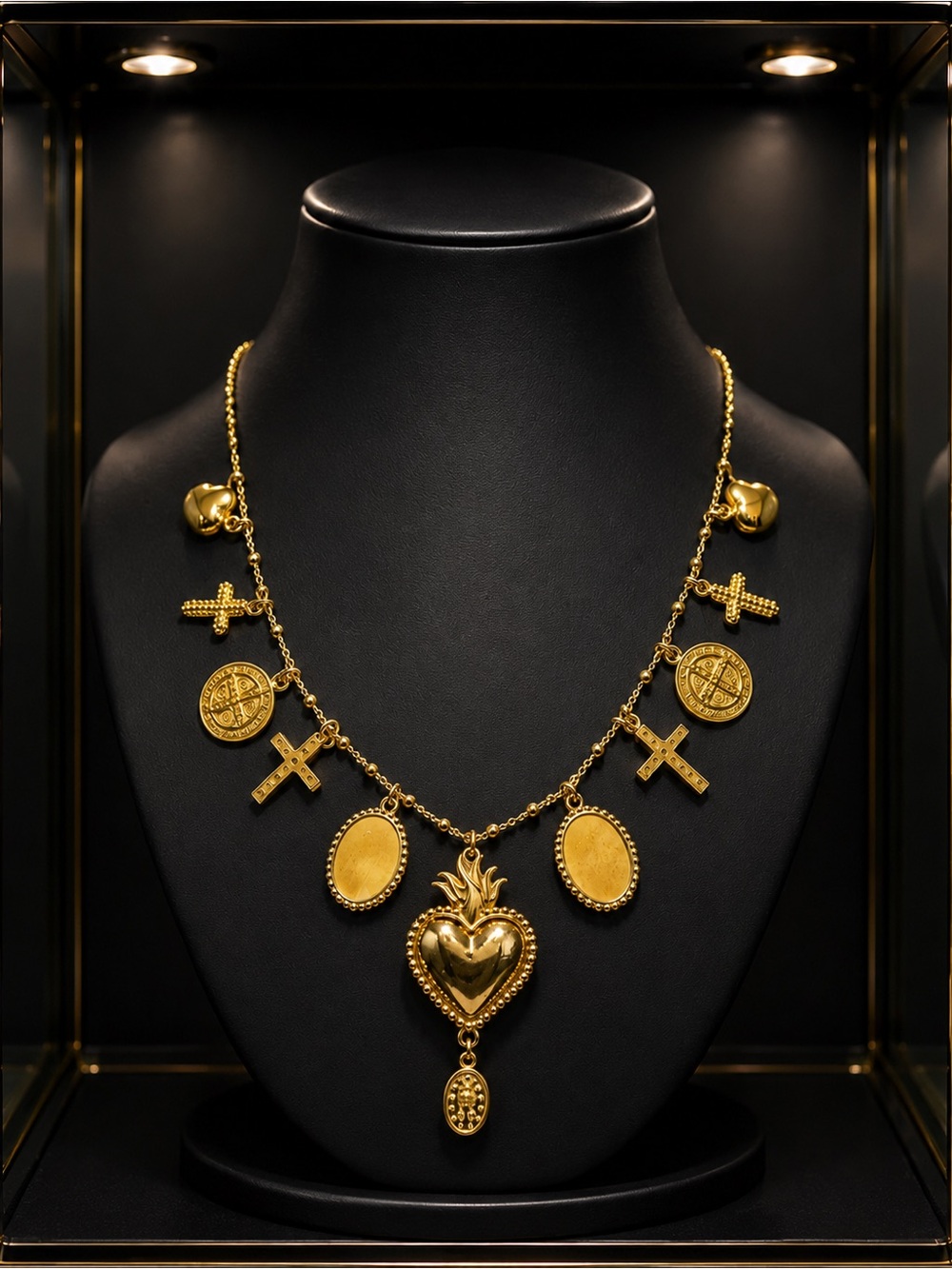 Gold Sacred Heart Charm Necklace with Coin and Crystal Cross Pendants - Picture 1 of 9